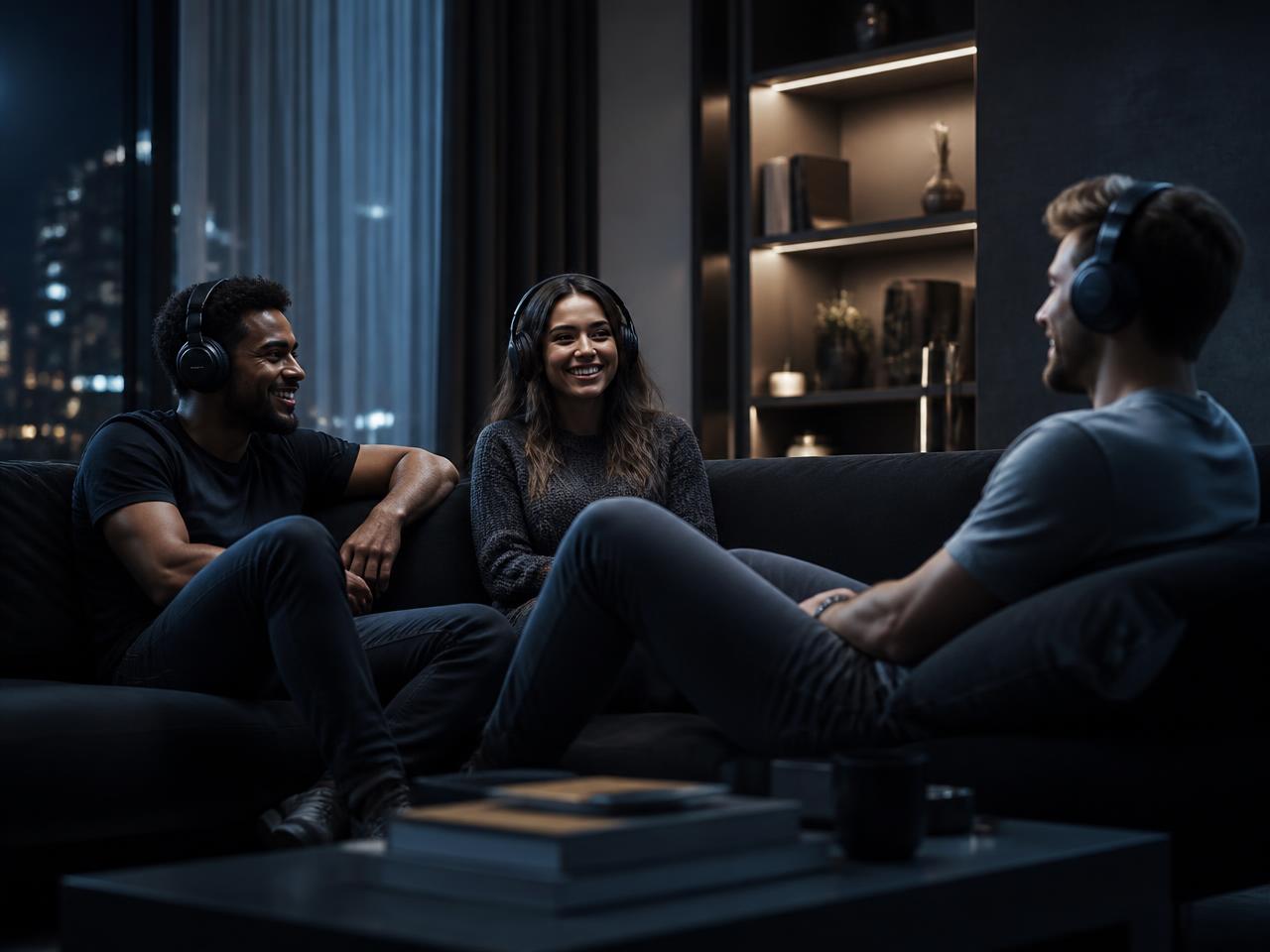 Three friends listening to the same song on headphones in a living room
