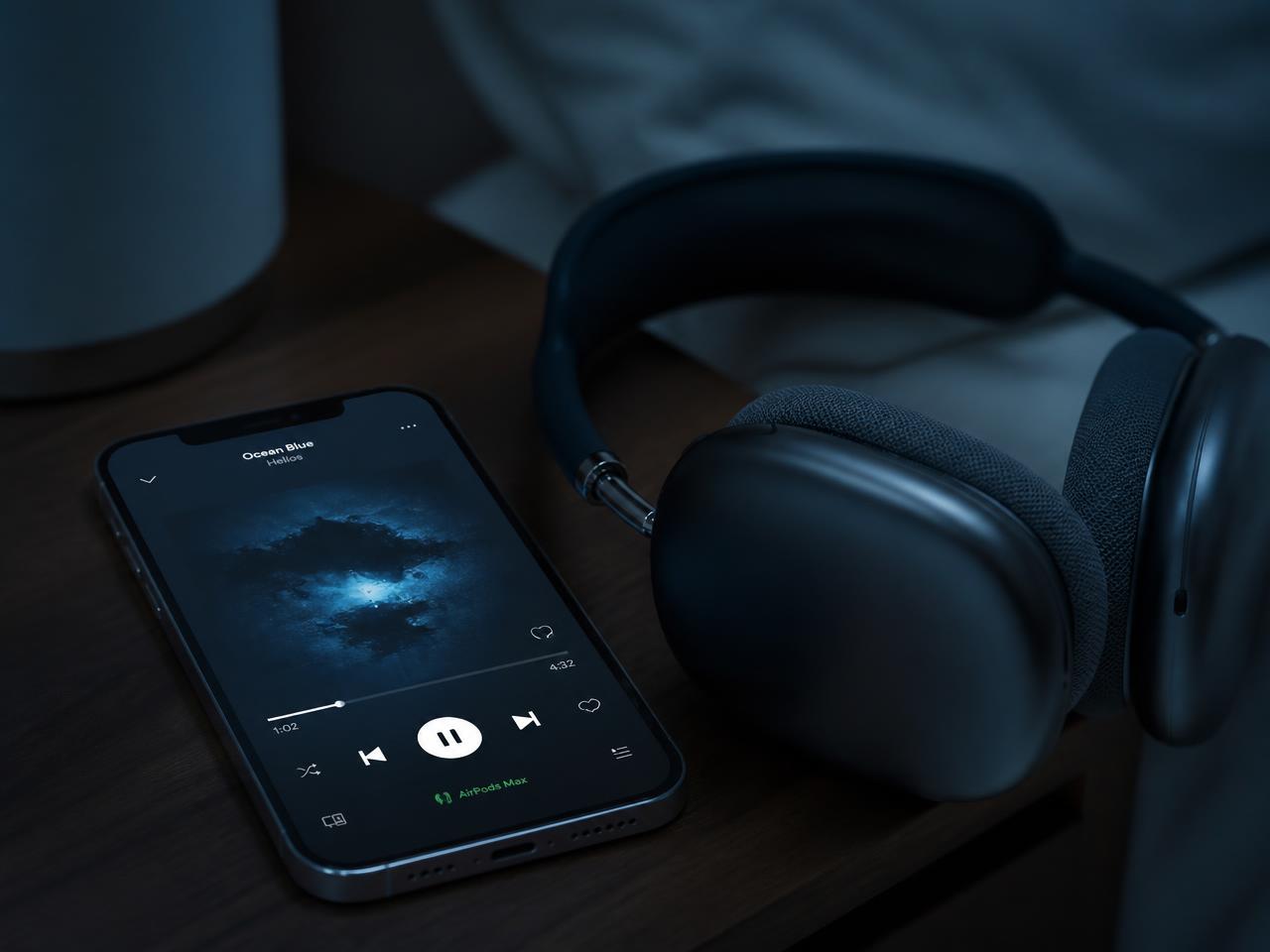 A phone playing music next to wireless headphones on a bedside table